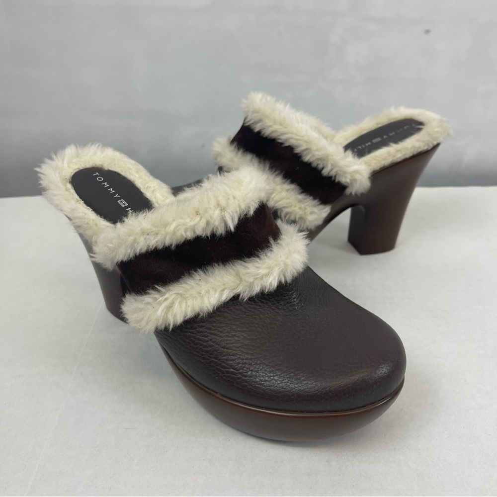 Tommy Hilfiger Merry Vintage Y2K Leather Faux Fur Trim Platform Clogs Size 7 1/2
